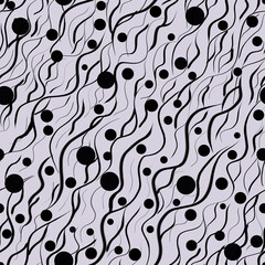 Seamless pattern with abstract gray pattern with wavy lines and circles.