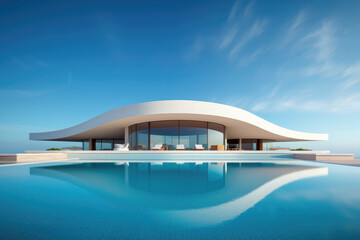 Fototapeta na wymiar Modern House with Swimming Pool on Sea Background