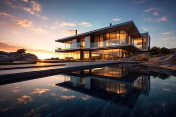 Fototapeta premium Luxury Villa with Infinity Pool and Sunset Reflection