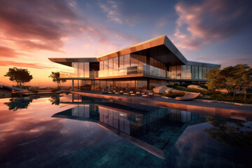 Fototapeta na wymiar Luxury Villa with Infinity Pool and Sunset Reflection