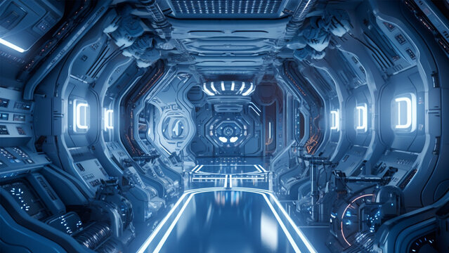 Futuristic space station or spaceship interior corridor. Science fiction concept 3D rendering.
