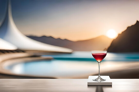 a blurred luxury lounge backdrop with bokeh, while a granite table adds elegance to the scene