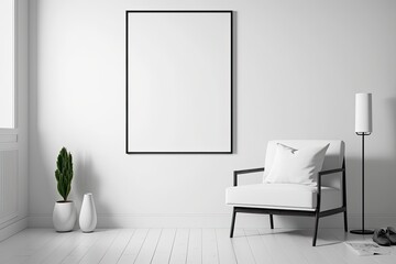 minimalistic white room with a chair and a framed artwork on the wall. Generative AI