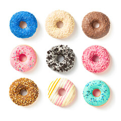 Nine sweet donuts in different colors top view on a white background
