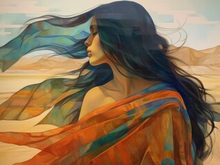 a female with long flowing dark hair and a sheer scarf covering her eyes and flowing backwards. Generative AI