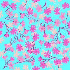 Hand drawn seamless pattern with beautiful garden flowers on light blue background. Vector illustration, retro style.