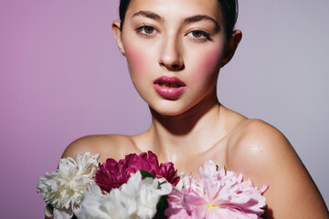 woman portrait girl make-up flower model face pink blush beauty healthy