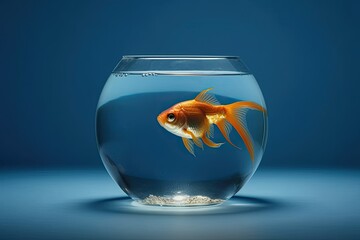 Fototapeta na wymiar goldfish swimming in a round bowl with blue water background. Generative AI