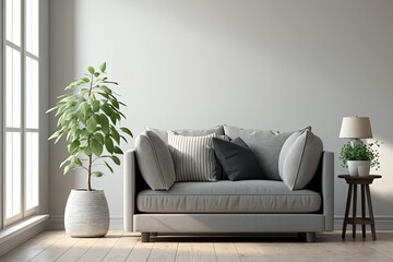 cozy living room with a green potted plant and comfortable couch. Generative AI