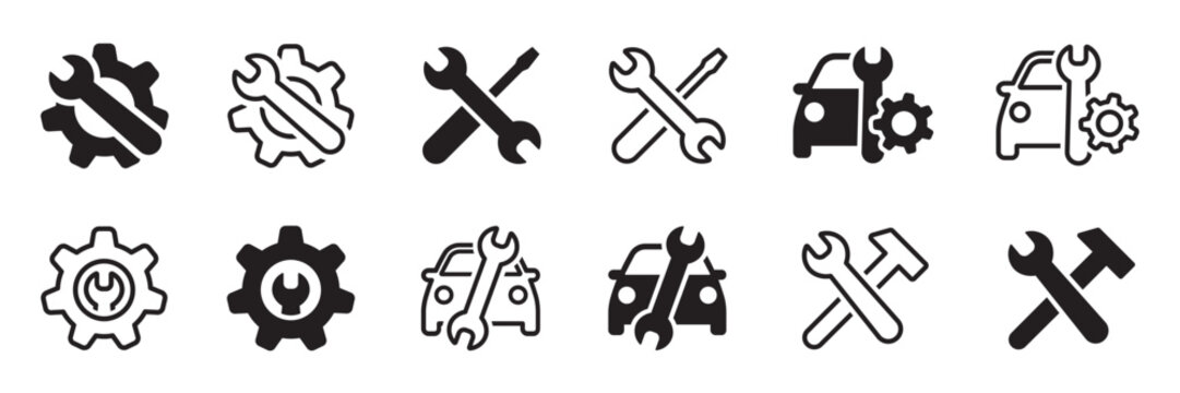 Set of car service icons. Tools, screwdriver, wrench, hammer, gear, car, repair. Auto service signs. Diagnostic, garage, engine. Vector.
