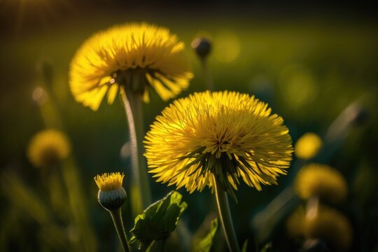 Beautiful yellow dandelions bloom in the wild in the spring or summer on a sunny meadow. In a dreamlike artistic image, natures splendor is captured. The accent is light. Generative AI