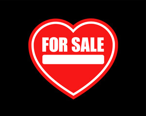 Red love heart as being for sale - metaphor for paying for love, romance and romantic relationship. Vector illustration isolated on black.
