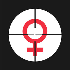 Misogyny - Gunsight targetting on female sex symbol as metaphor of woman being under sexist and offensive attack and assault based on sex and gender. Vector illustration.