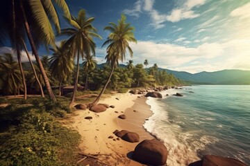 Naklejka premium Scenic Tropical Beach with Palm Trees. Generative AI