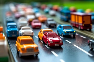 Fototapeta na wymiar Colorful plastic cars toys on a crowded highway, blurry background. Creative concept for rush hour or jam during summer vacation travelling. Illustration. Generative AI