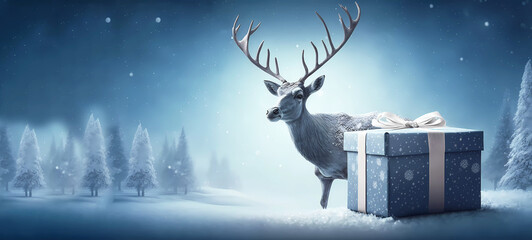 Christmas. Deer with a gift. Wallpaper. Banner. created by AI