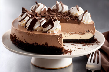 Chocolate cheesecake with a slice cut out, generative AI