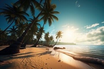 Plakat Scenic Tropical Beach with Palm Trees. Generative AI
