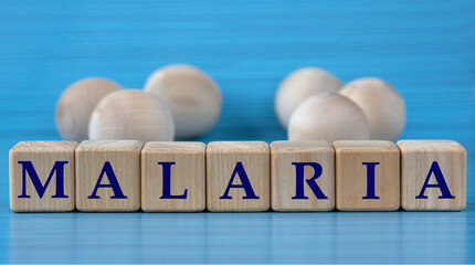 MALARIA - word on wooden cubes on a blue background with wooden round balls