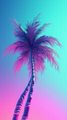 Minimal summer vaporwave concept, neon colors on tropical background, pastel palm tree against blue sky. Exotic summer beach concept. Illustration. Generative AI. Vertical picture