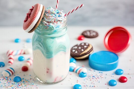 Crazy milkshake in a glass with cookies, colorful candies, whipped cream, ice cream, and marshmallows. a decadent Fourth of July dessert. A good milkshake on Independence Day. Generative AI