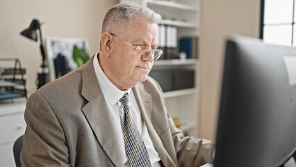 Middle age grey-haired man business worker using computer working at office