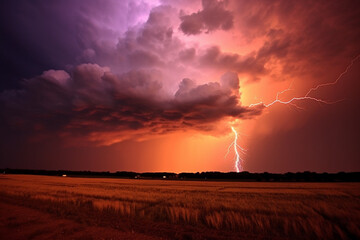 tropical thunderstorm in the field in summer at sunset in purple colors, created with Generative AI Technology