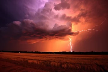 Fototapete Bordeaux tropical thunderstorm in the field in summer at sunset in purple colors, created with Generative AI Technology