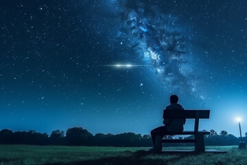 Mna sits on bench with clear sky view on milyway at night, created with Generative AI Technology