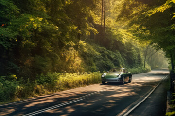 Obraz premium sports car driving along a forest road in sunny summer day generative ai