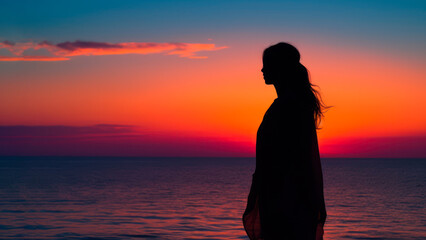 silhouette of a girl on the background of the sea sunset sky generative ai