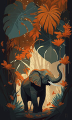 Słoń w dżungli. Grafika plakat. Ciemna zieleń, brąz i pomaranczowe kolory.