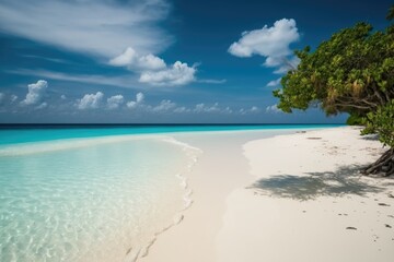 serene tropical beach with a lone palm tree. Generative AI