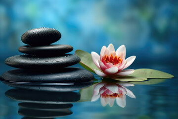 Spa still life with water lily and zen stone in a serenity pool