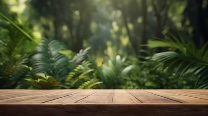 Foto auf Acrylglas Garten Wood tabletop counter podium floor in outdoors tropical garden forest blurred green leaf plant nature background.Natural product placement pedestal stand display,spring summer jungle paradise .