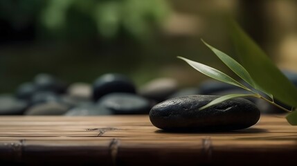 relax zen stone on wooden terrace with bamboo leaves, japanese still life meditation treatment spa concept.