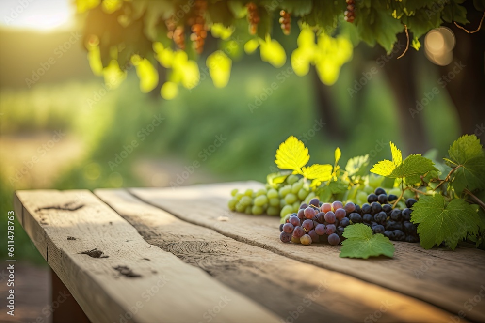 Canvas Prints A lush garden, grape vines, and a wooden table serve as the backdrop. Generative AI