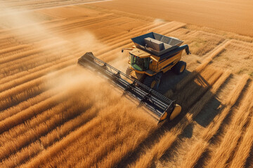 Aerial view of combine harveser in vast wheat field - obrazy, fototapety, plakaty