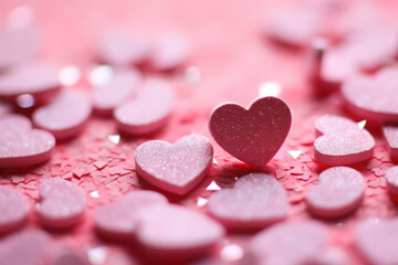 Obraz premium Red Heart Shapes on Pink Glitter Background - Valentine's Day Concept