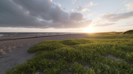 Fototapeta na wymiar Sunset on a sandy beach panoramic landscape view - Generative AI