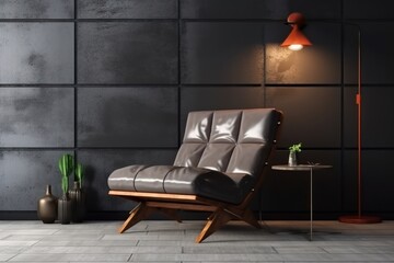 Style loft interior with leather armchair on dark cement wall. Generative AI