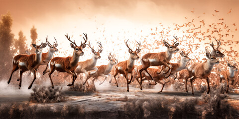 A herd of deer run across the grassy field, kicking up dust behind them - generative ai.
