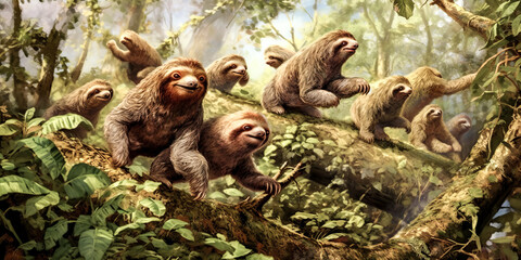 A herd of sloths runs through the dusty landscape, playful and free. - generative ai.