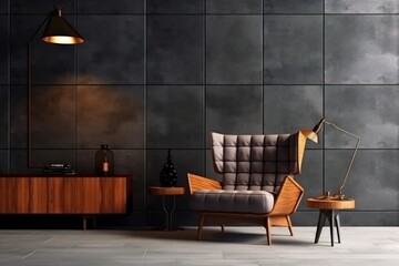 Style loft interior with leather armchair on dark cement wall. Generative AI