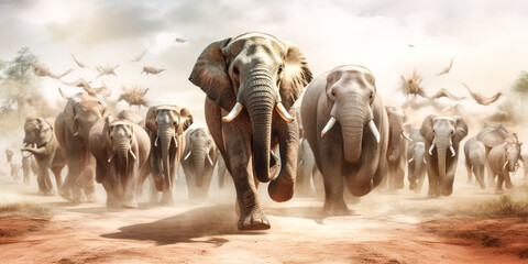 A group of elephants running and kicking up dust - generative ai.