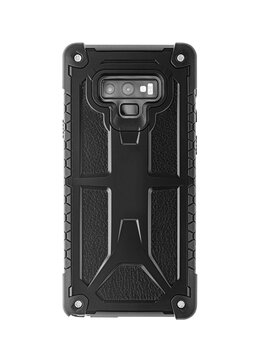 Black smartphone in a shockproof protective case isolated on a white background.