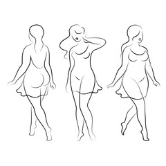 Collection.Beautiful woman silhouette in modern single line continuous style. The girl is overweight. The lady is standing. vector illustration set.