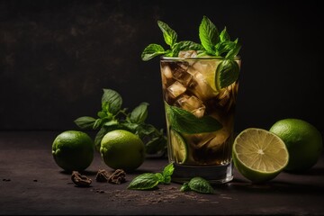 refreshing glass of mojito tea with fresh mint and lime slices. Generative AI