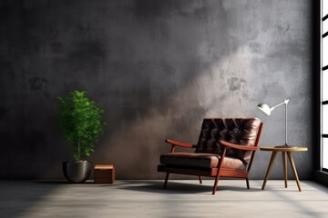 Style loft interior with leather armchair on dark cement wall. Generative AI