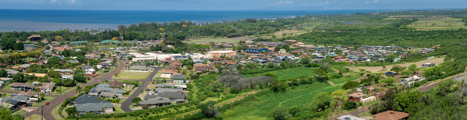 Fototapeta na wymiar Panoramic View of the Town of Waimea, Kauai, Hawaii. This historic seaport town is a stone’s throw from where British discoverer Captain James Cook first landed in Hawaiʻi in 1778.